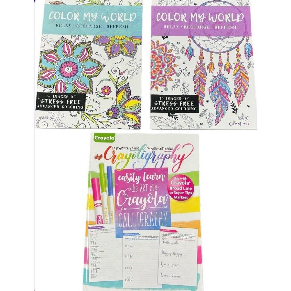 Adult Advanced Coloring Book Set Color My World & 1 -Crayons Hand Lettering Book